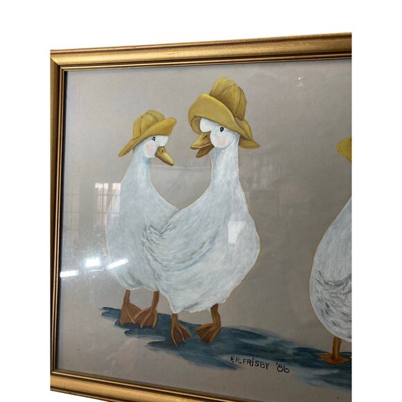 Vintage Original‎ & Signed Ducks with Hats Painting 1986 21.5"x 17.5" - Picture 2 of 7